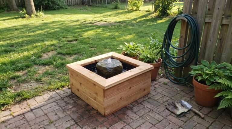 A finished square cedar wood surround box holding a small bubbling water fountain on a real brick patio, surrounded by terracotta plant pots on a sunny afternoon in a suburban backyard.
