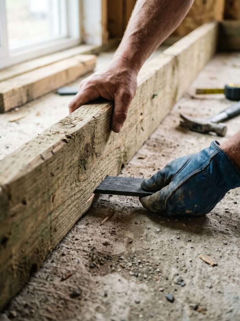 composite shims leveling out a low profile wooden deck frame over uneven concrete