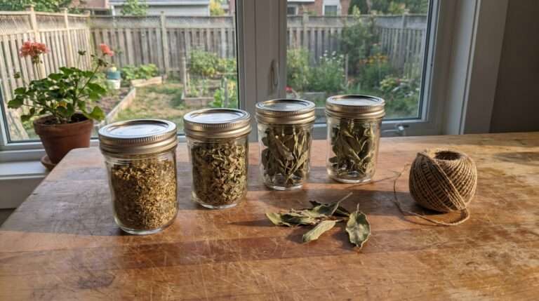 Clear glass mason jars filled with dried whole oregano and sage leaves sitting on a rustic wooden kitchen counter next to a ball of brown twine under soft morning window light.