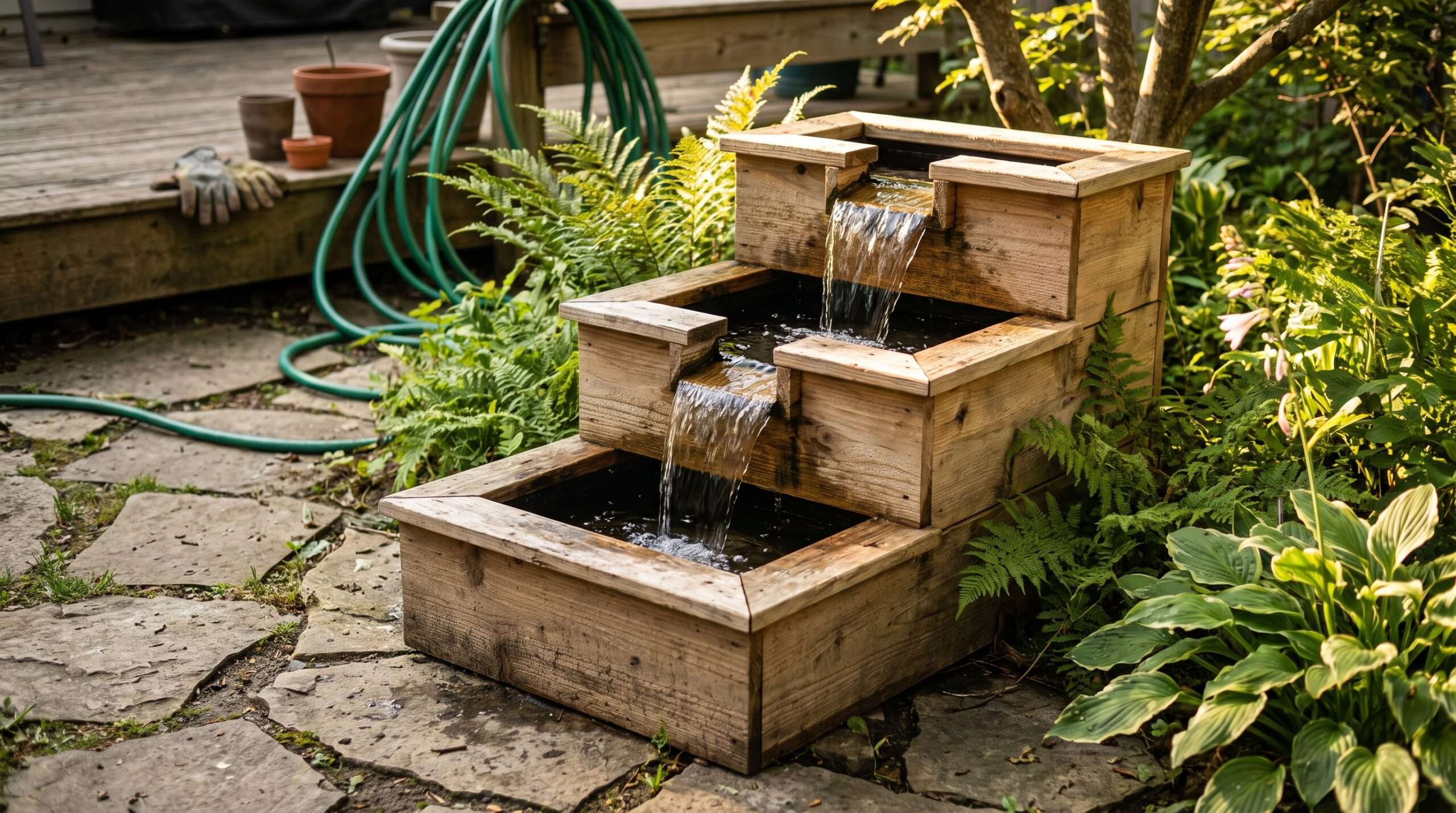 Three tier cedar scrap wood water cascade box spilling water on a backyard flagstone patio