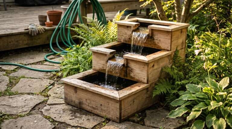 Three tier cedar scrap wood water cascade box spilling water on a backyard flagstone patio