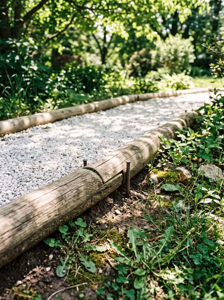 rounded landscape timbers framing a white gravel path in a backyard