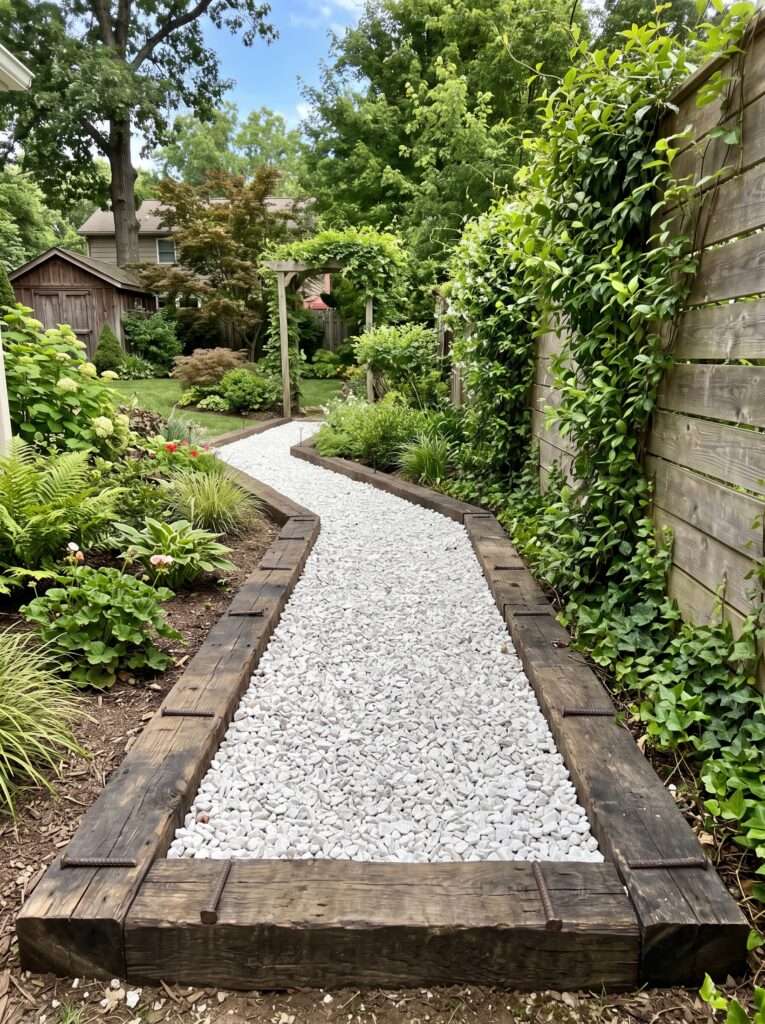 heavy dark timbers with rebar pins framing a white gravel path