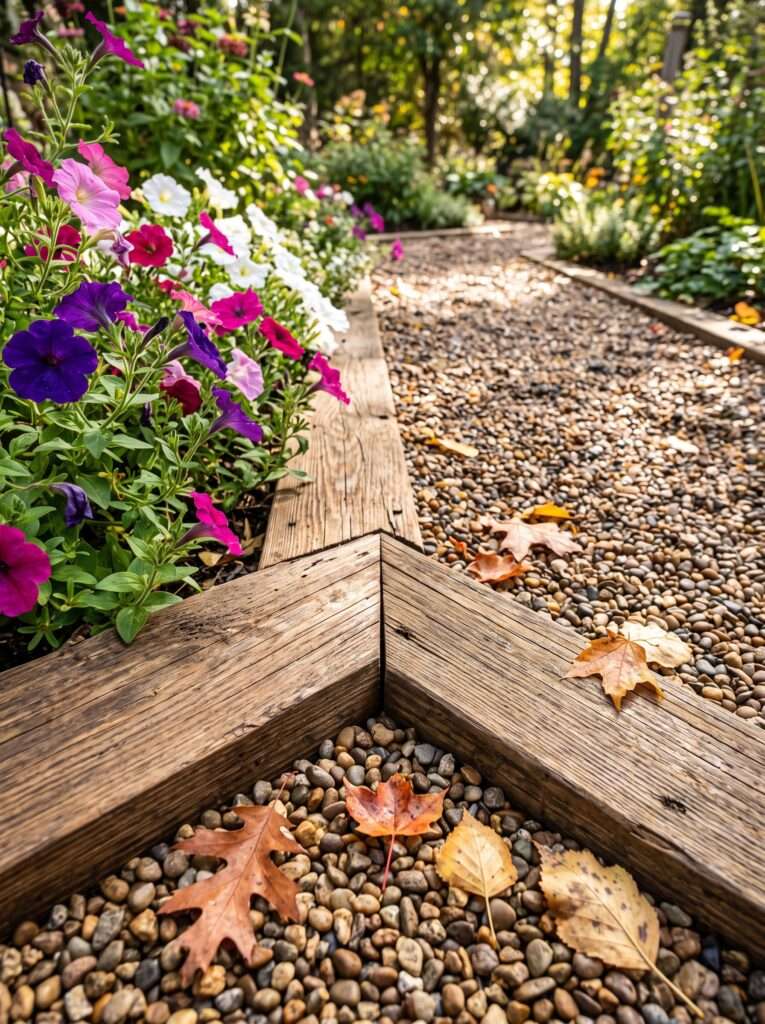 sharp mitered wood corner framing a clean pea gravel garden walkway