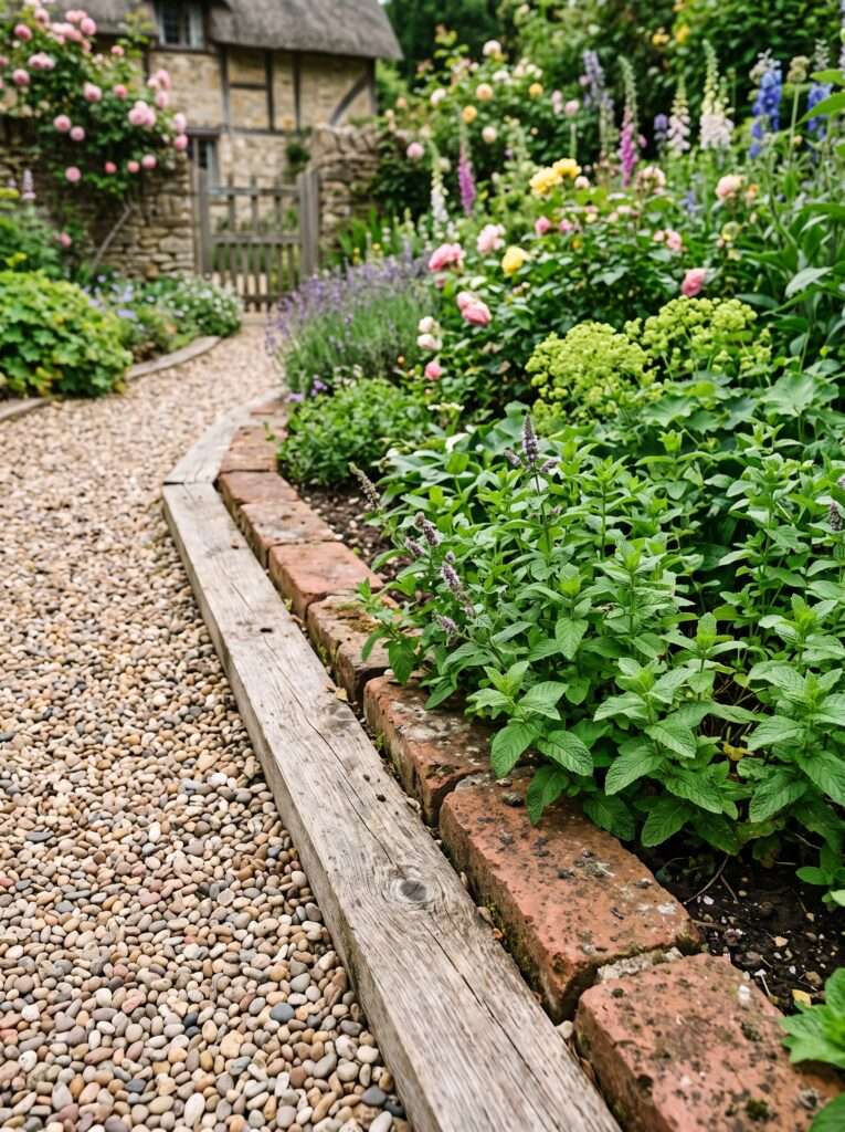 red brick and wood border framing a pea gravel garden path