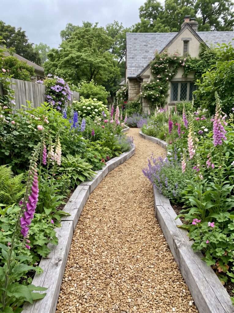 thick cedar timbers framing a winding tan gravel pathway through cottage flowers