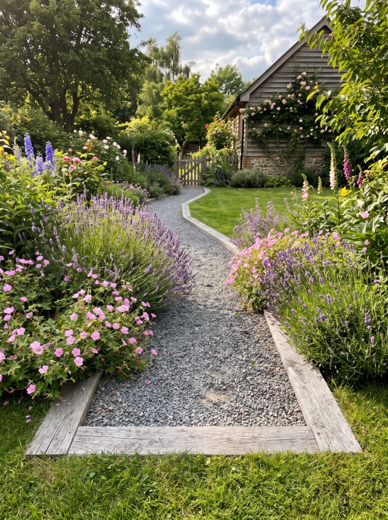 flush mount wooden edging framing a gray pea gravel cottage garden walkway