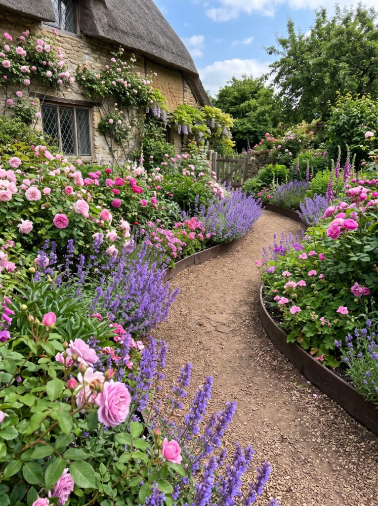 curved wooden bender board framing a sweeping gravel garden path