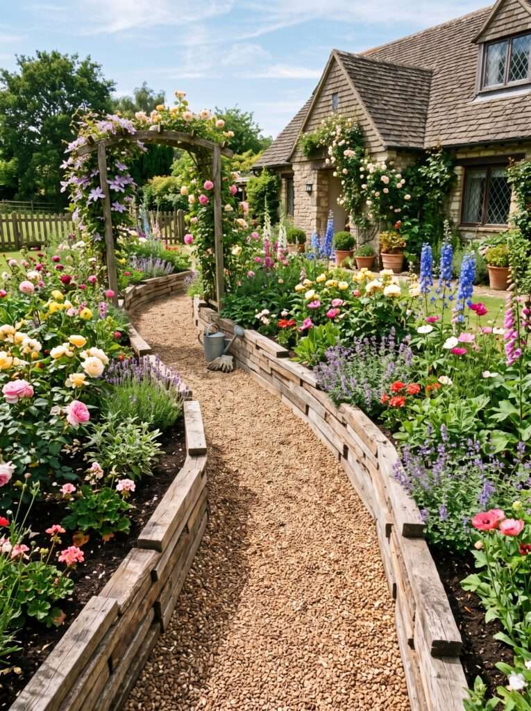 scrap wood border with varying heights framing a brown gravel path