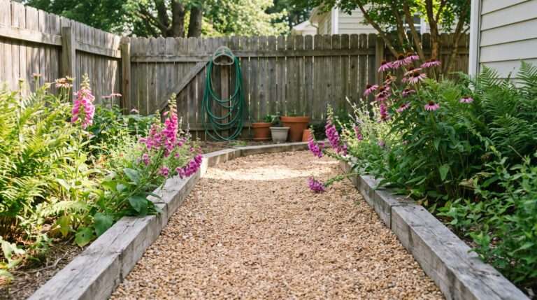 weathered cedar wood framing a tan pea gravel cottage garden walkway surrounded by summer flowers