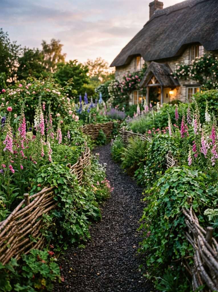 woven branch edging over a wood frame holding garden gravel