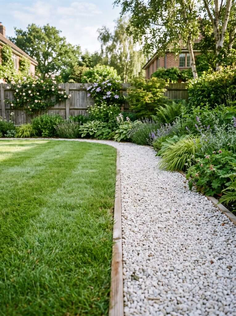 thin vertical wood board edging separating green grass from white gravel