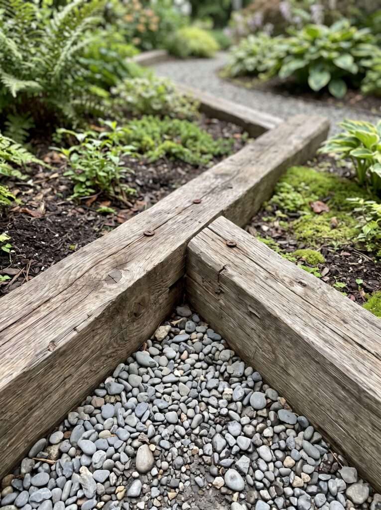 interlocking notched 4x4 timber corner framing a gray gravel garden path