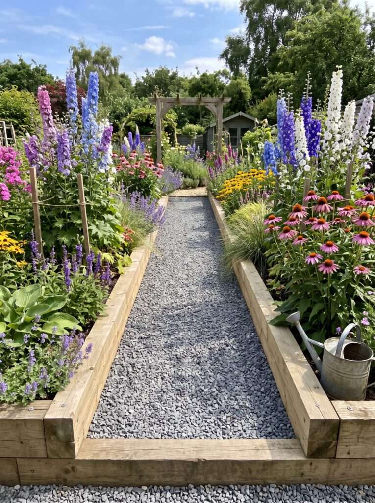 raised wooden path frame filled with gray gravel next to perennials