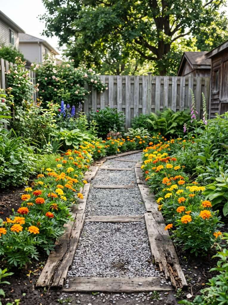upcycled pallet wood border framing a rustic gravel garden path