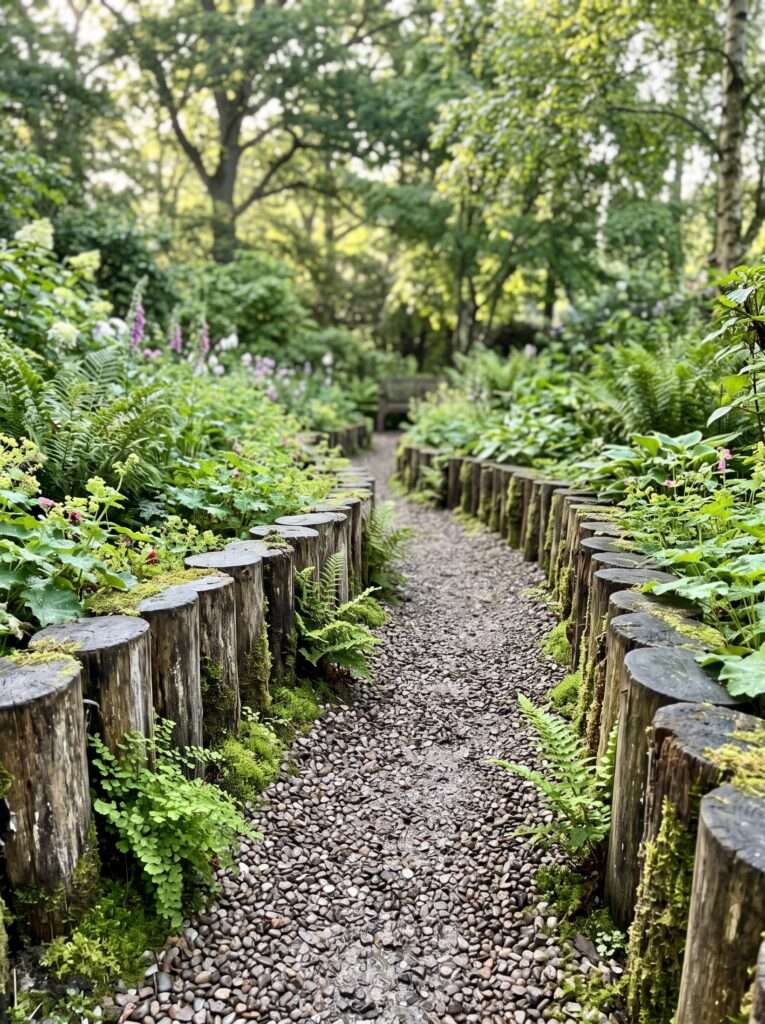 vertical log slices forming a rustic border for a gravel path