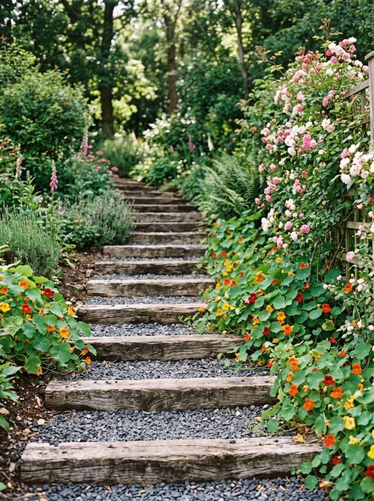 oak sleeper timbers used as steps on a gravel garden path