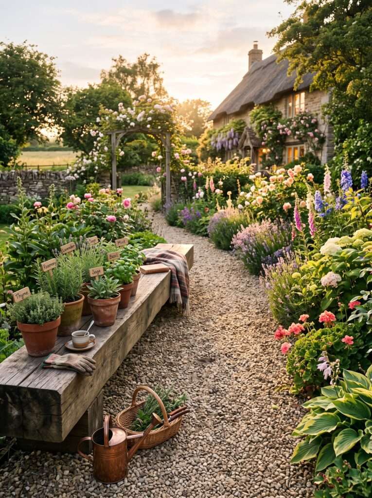 thick timber beam used as a bench border for a gravel path
