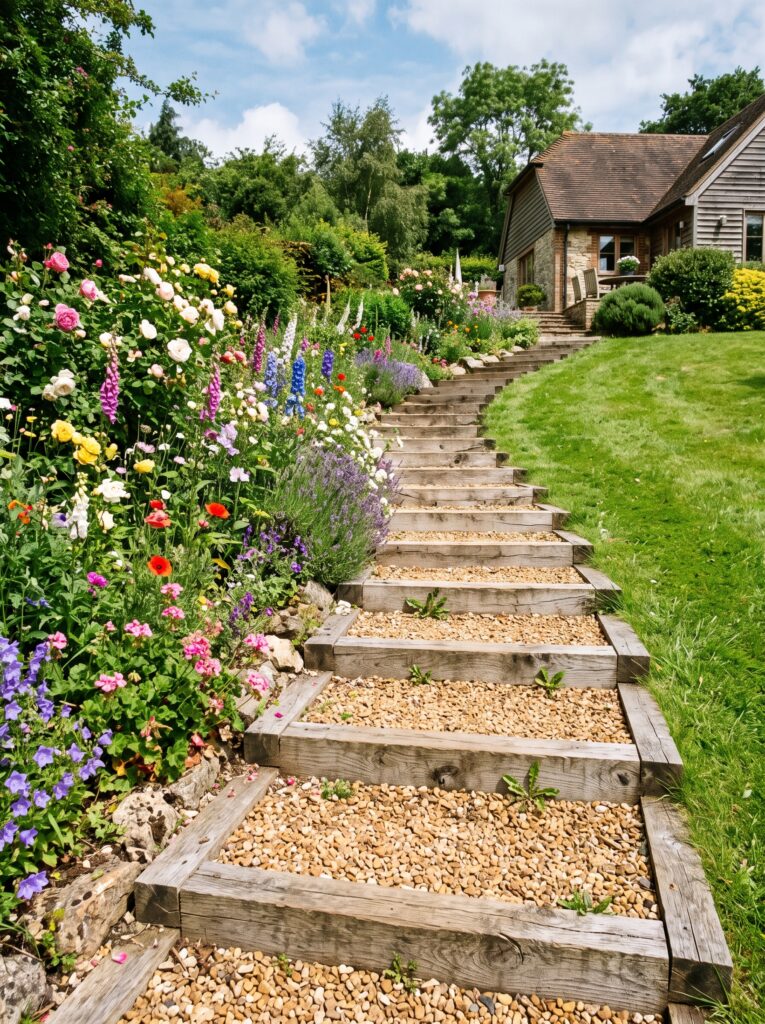 stepped timber boxes framing gravel steps on a sloping garden path