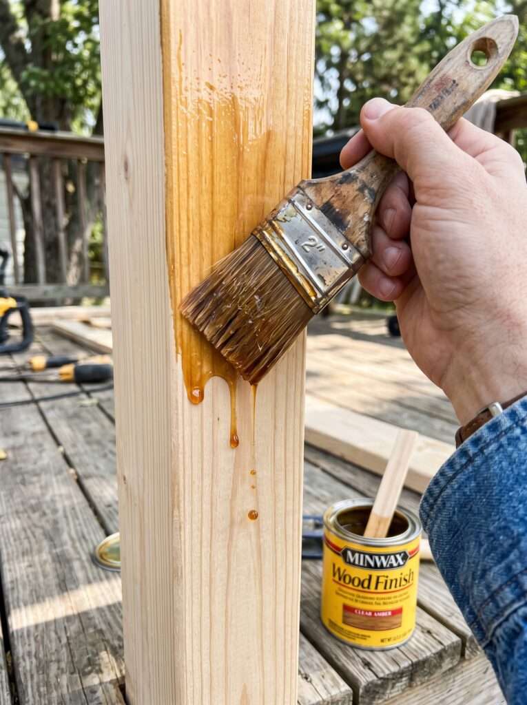 A hand applying a protective coat of outdoor stain to a fresh wooden beam.