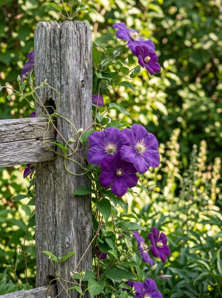 Flowering purple vines climbing up the leg of an outdoor wooden swing stand.