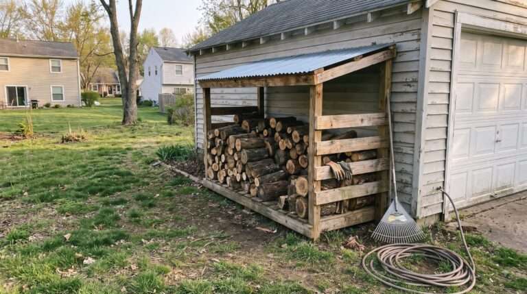 DIY lean-to firewood shed built against garage wall in backyard