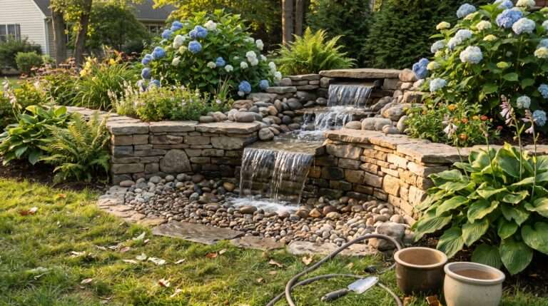 A beautiful DIY backyard pondless waterfall feature running smoothly over natural stones in a sunlit garden layout.