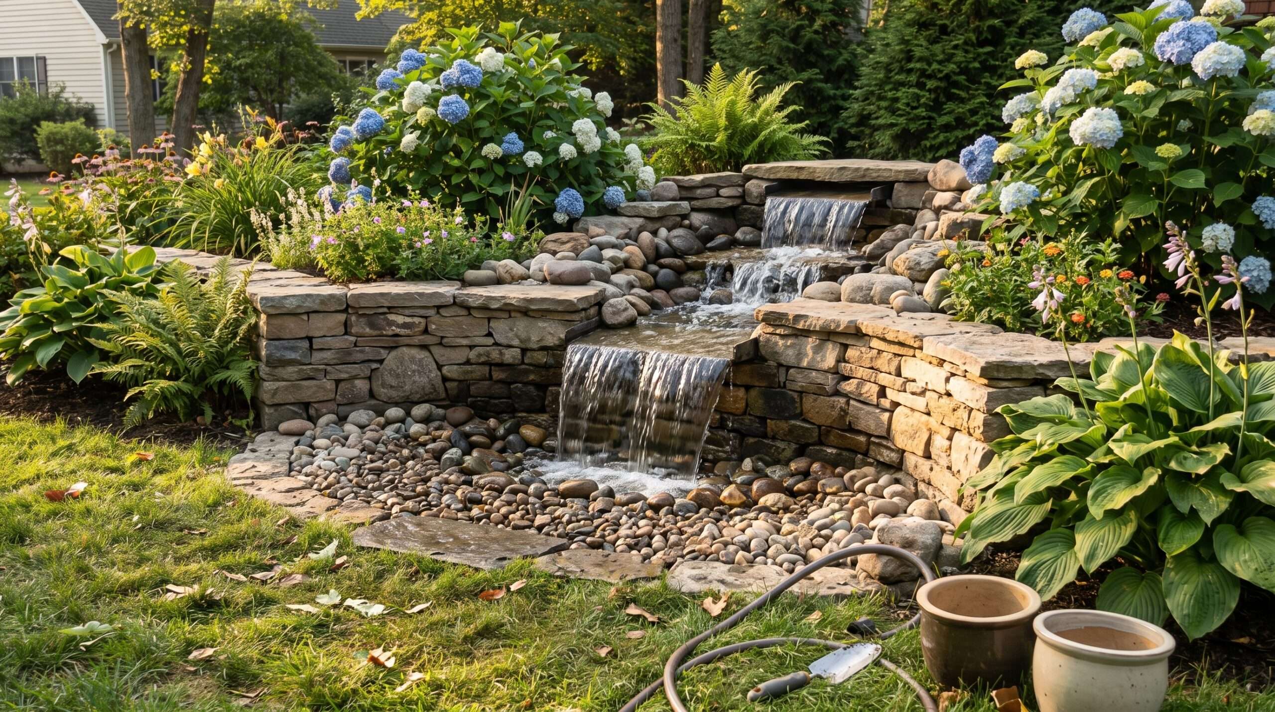 A beautiful DIY backyard pondless waterfall feature running smoothly over natural stones in a sunlit garden layout.