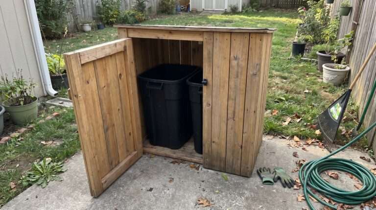 DIY wooden trash can enclosure build finished in backyard
