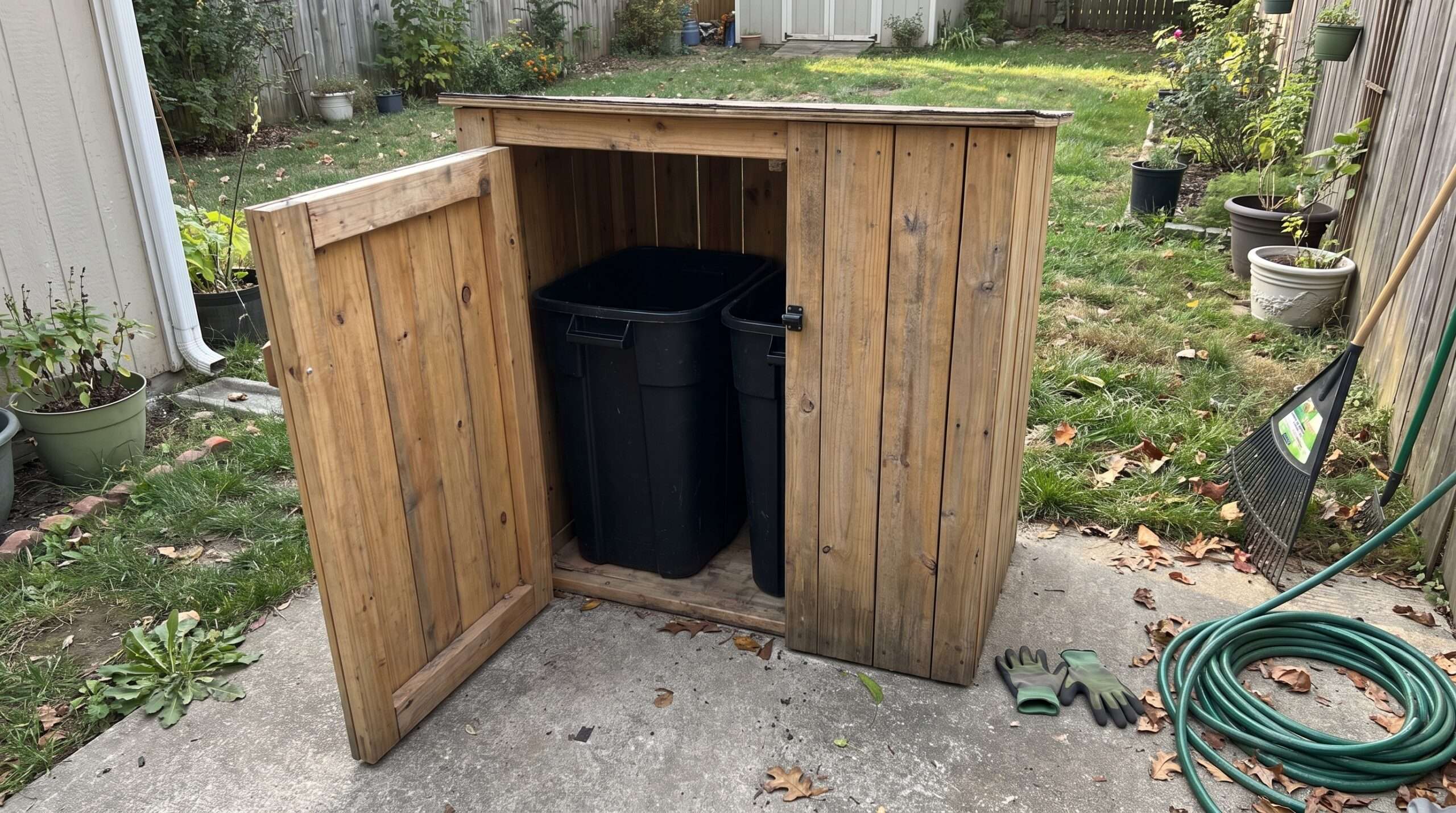 DIY wooden trash can enclosure build finished in backyard