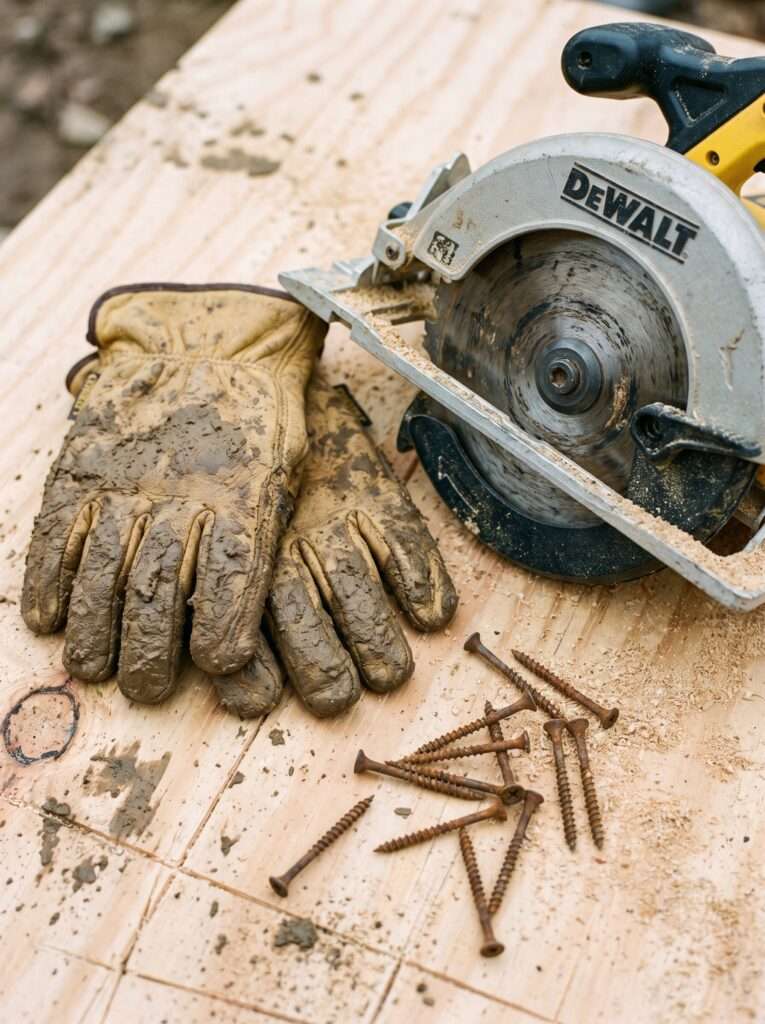 Gardener's tools and exterior screws laid out for a DIY wood build