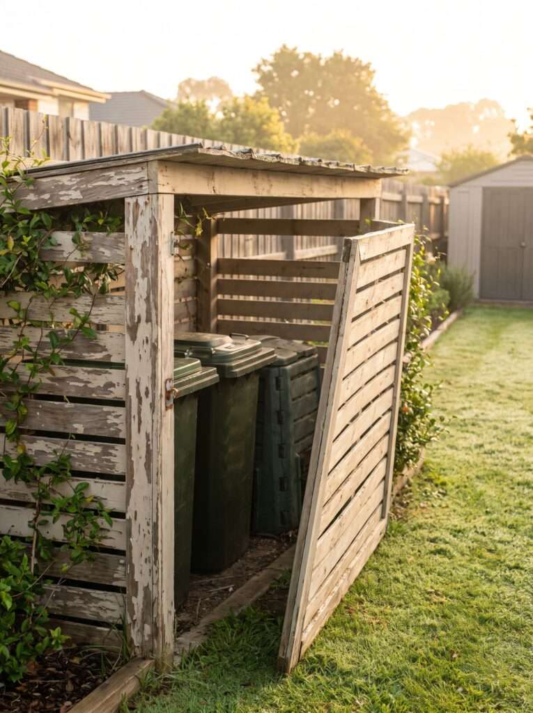 DIY wooden trash can enclosure with open door in backyard corner
