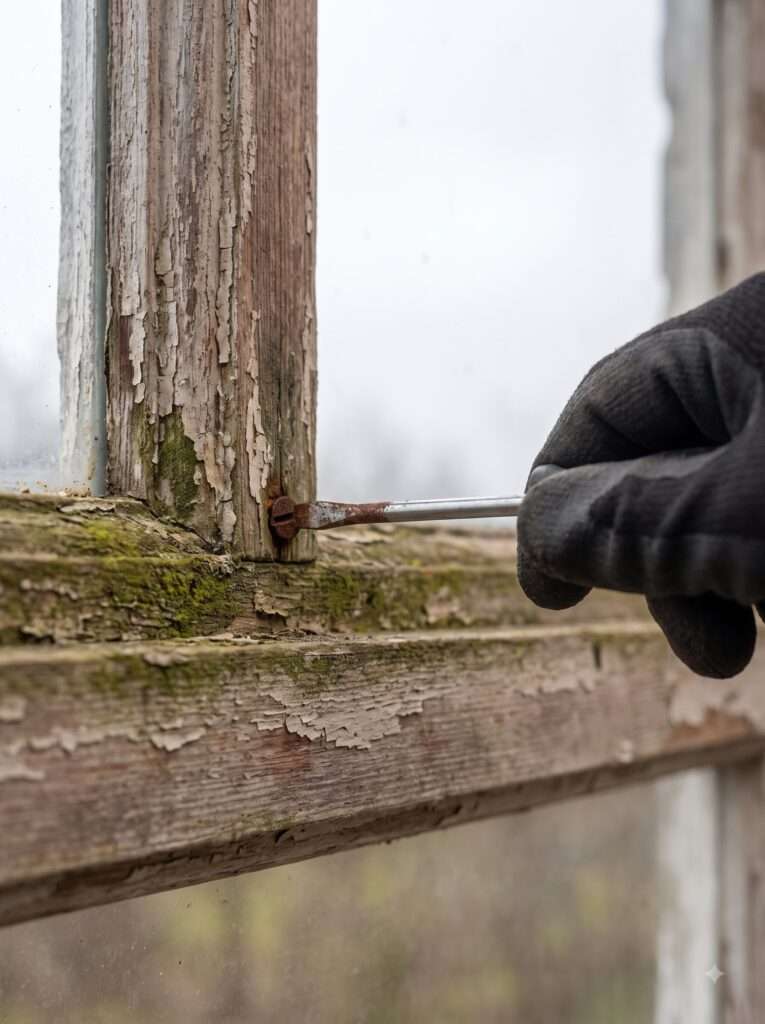  checking fasteners on a wooden firewood shed frame during fall maintenance 
