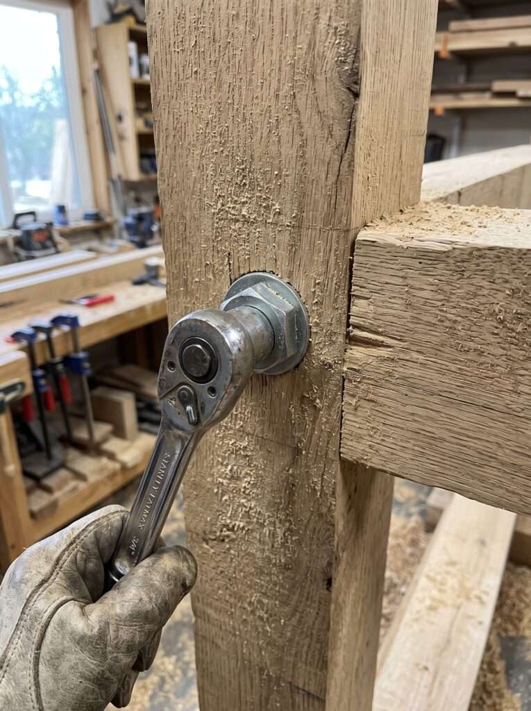 Close-up of a heavy impact driver installing a structural screw into a wooden swing frame.