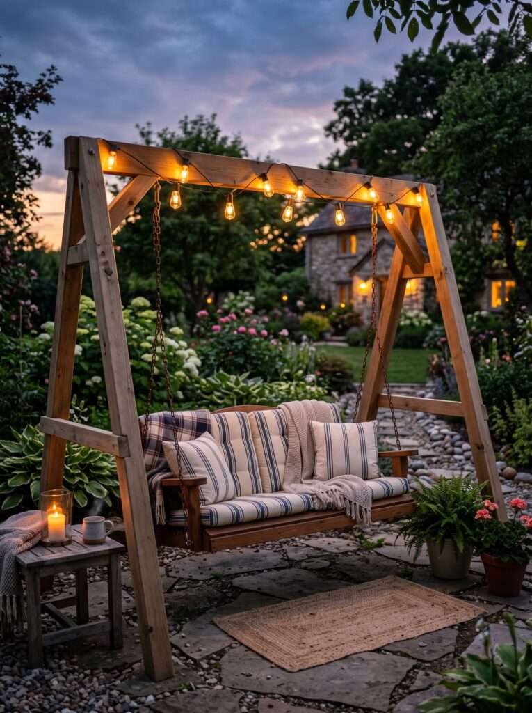 A completed wooden A-frame swing bench nestled into a green garden corner under soft evening lighting.