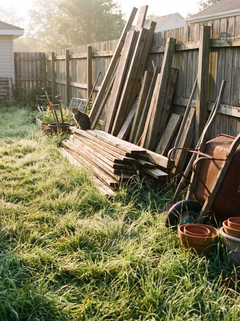 lumber and tools staged in backyard before building a firewood shed 