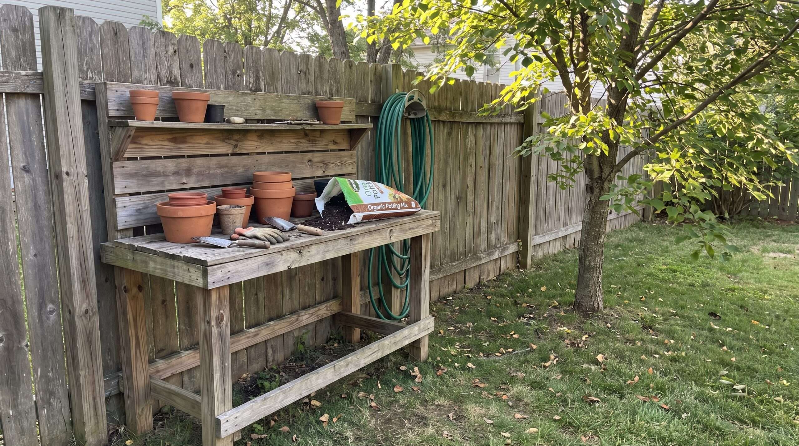 Heavy-duty DIY potting bench with hidden soil storage bins outdoors