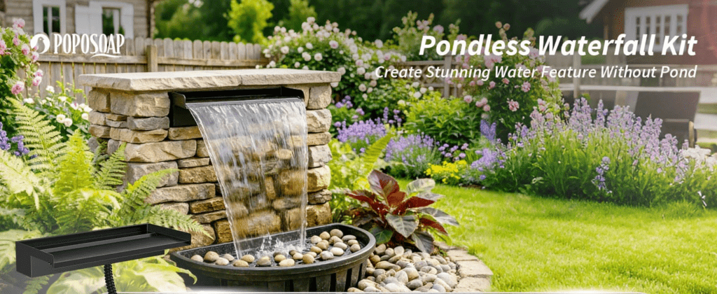 POPOSOAP 1600GPH pondless waterfall kit box and all-in-one DIY accessories laid out in a garden.