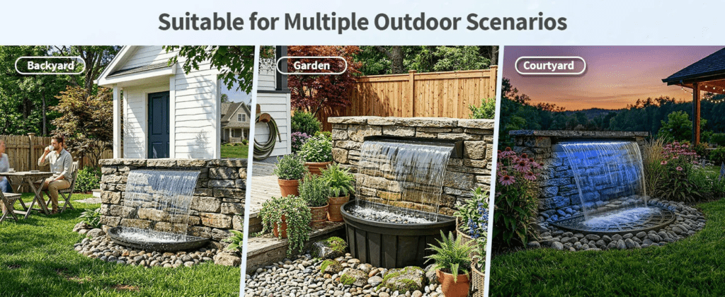 A DIY pondless waterfall illuminated by color LED lights at night in a backyard garden setup.
