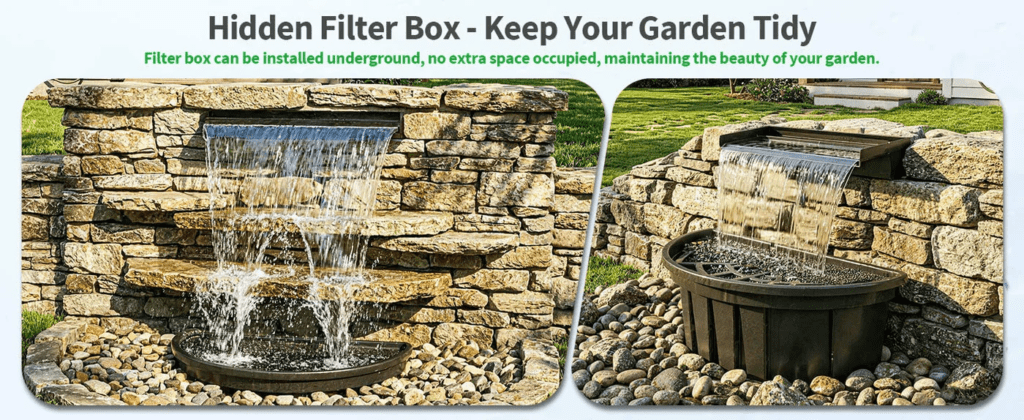 A finished low-maintenance pondless waterfall stream surrounding by gravel and garden landscape.