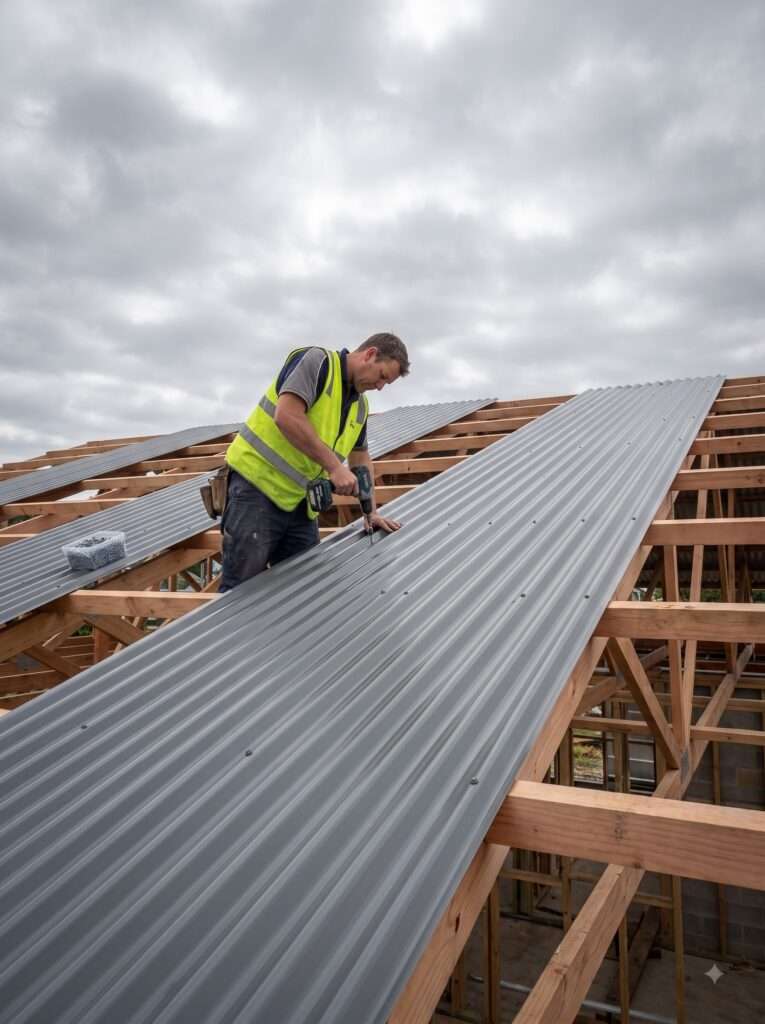 installing corrugated metal roofing panels on a DIY lean-to shed