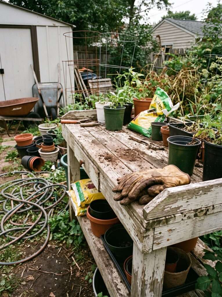 Gardener's gloves resting on a weathered outdoor potting bench 