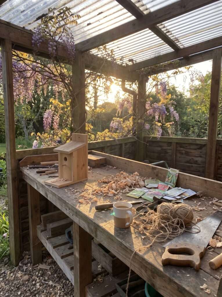 DIY potting bench frame being assembled in a backyard workshop