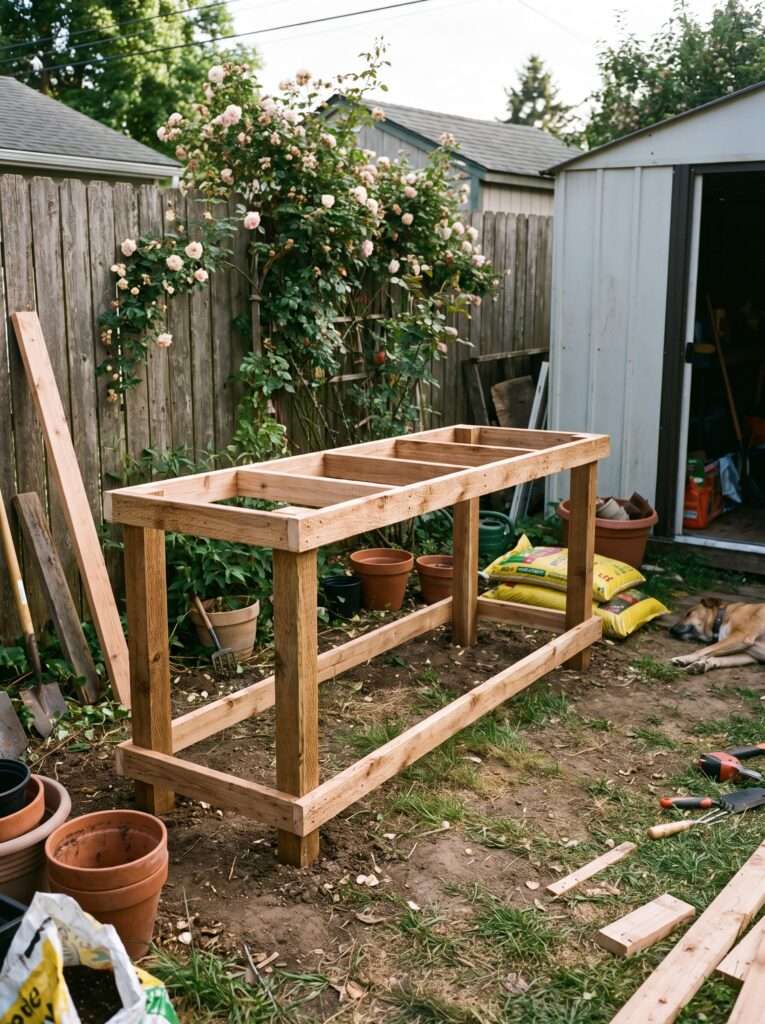 Sturdy wooden potting bench frame with visible corner bracing outdoors 