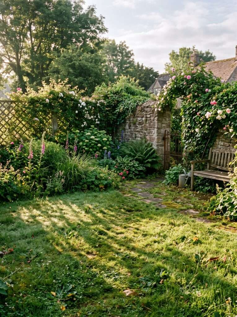 An open, slightly unkempt corner of a backyard garden with trees providing natural shade.