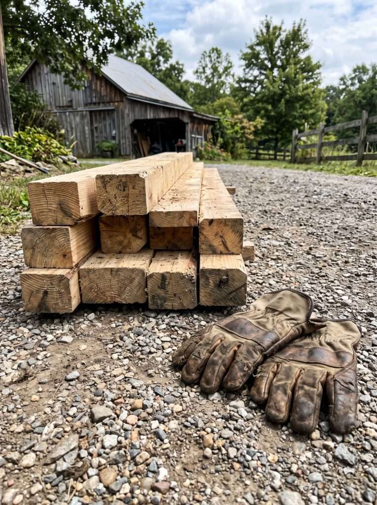 Rough-sawn pressure-treated lumber pieces stacked neatly outdoors on gravel.