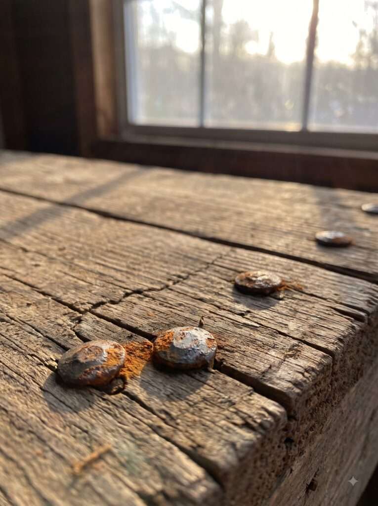 rusted screws on aging wood showing why exterior-rated fasteners matter 