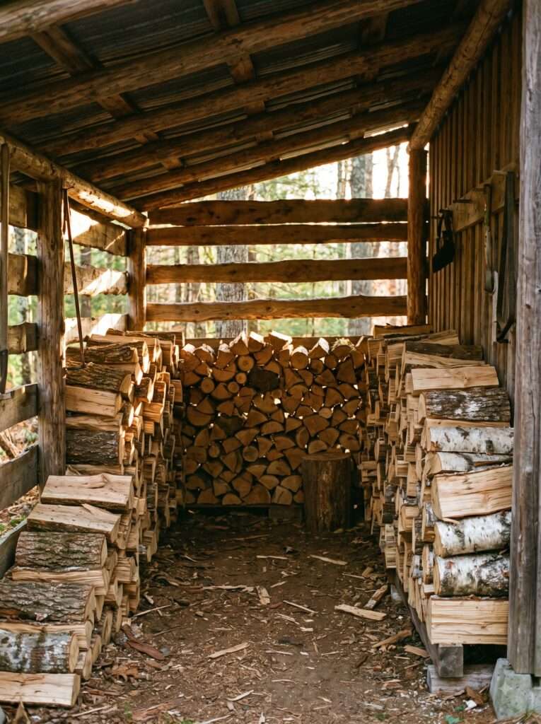 properly stacked firewood inside a DIY lean-to shed with airflow gaps
