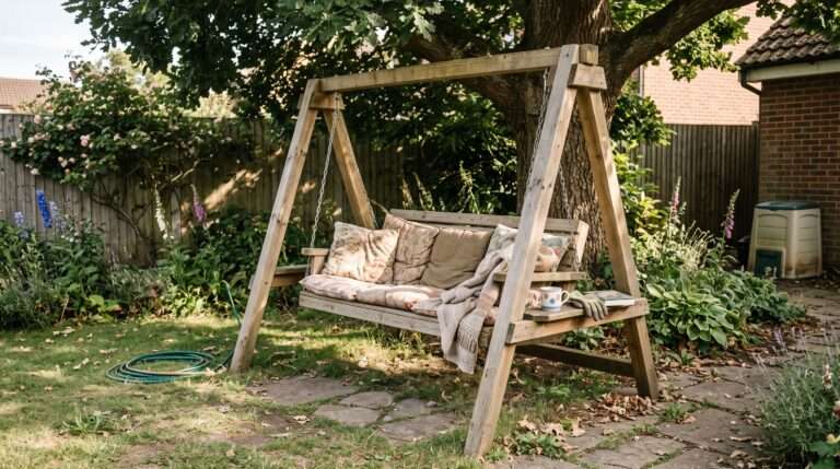 A rustic, beautifully built wooden A-frame swing stand sitting peacefully in a green backyard garden corner.