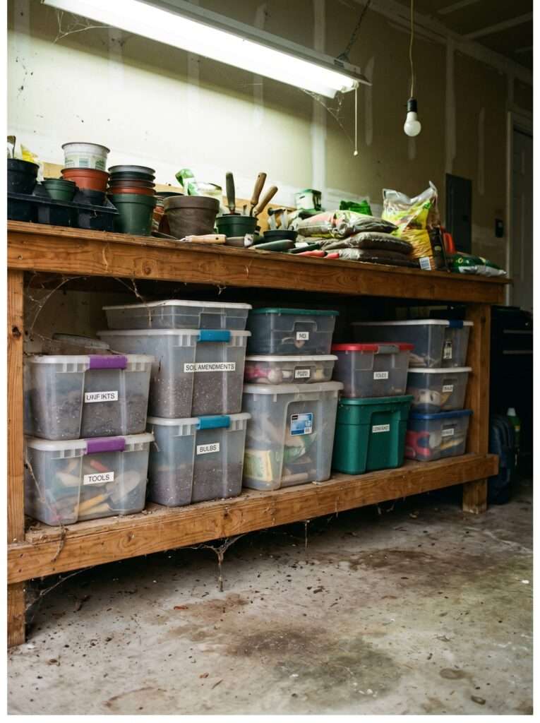 Under-bench storage shelf with airtight containers for garden supplies